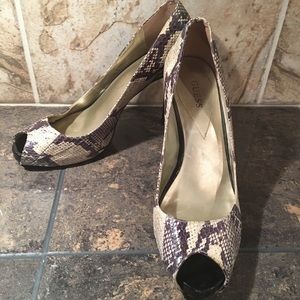 Guess Leather Snakeskin Print Open Toe Pumps